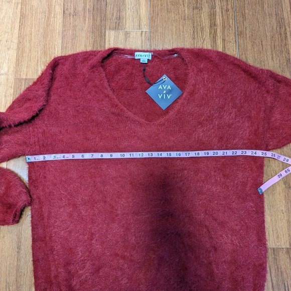 Ava & Viv Red Fuzzy V-Neck Sweater - Picture 12 of 12